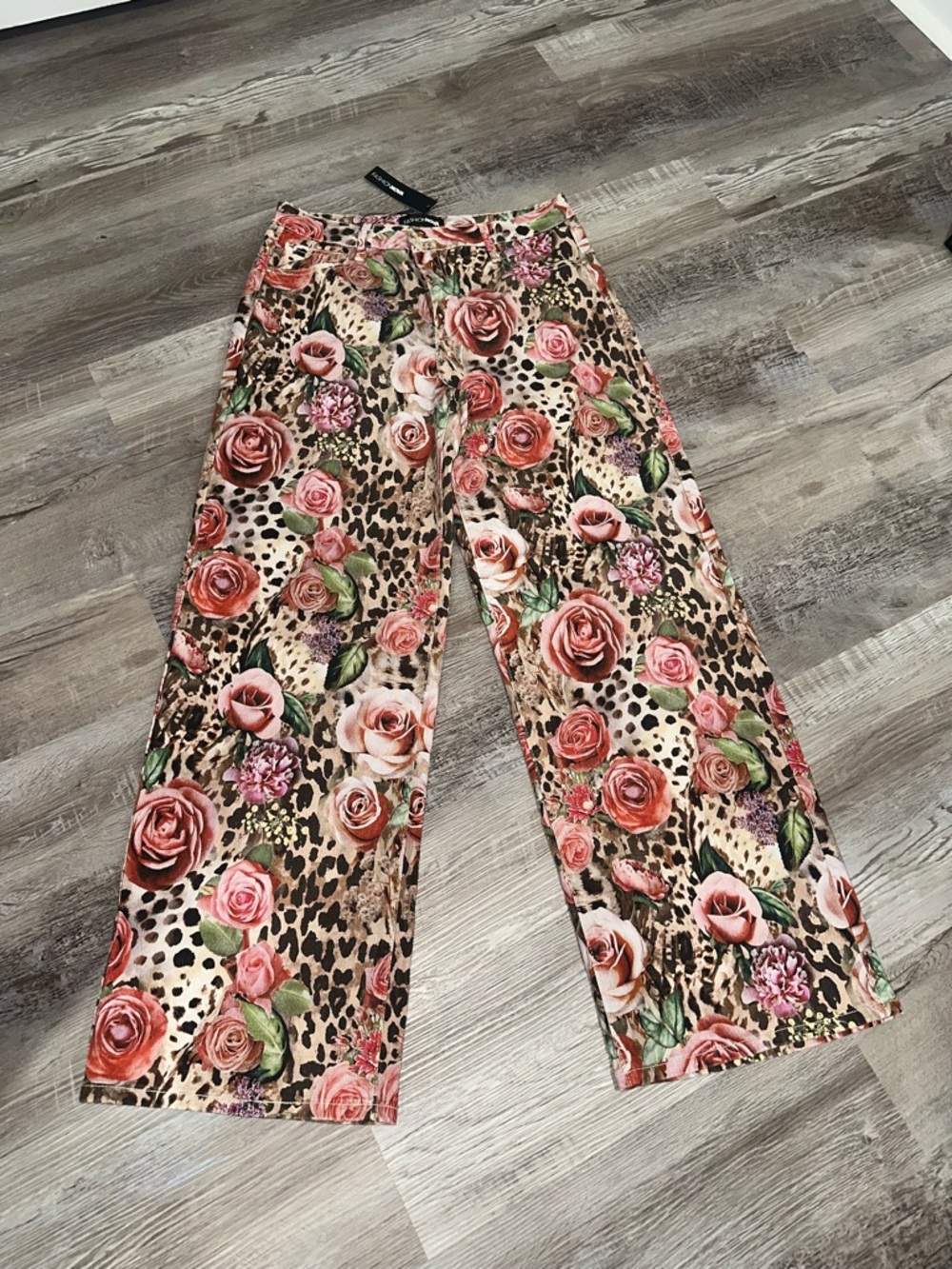 Fashion Nova Floral Rose & Leopard Print Wide Leg Pants - Pink, Green, Brown